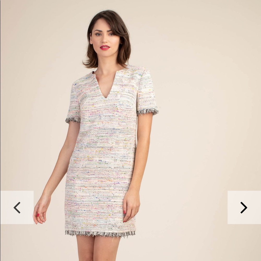 Trina Turk Cream Multicolor Tweed Shift Dress with Fuchsia Accents - Picture 4 of 16